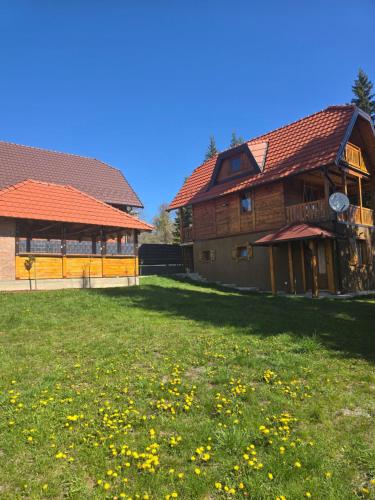Tradicionalna planinska drvena kuća Brvnara Aleksandra na Tari sa uređenim travnatim dvorištem
