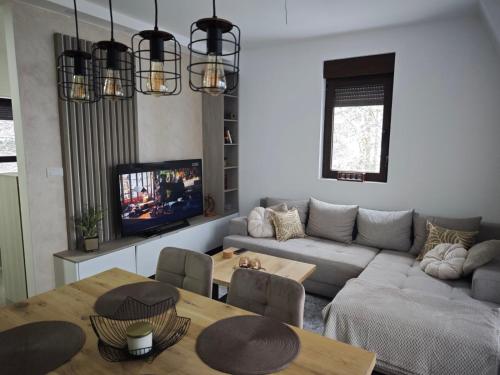 Moderno opremljena dnevna soba sa sivom ugaonom garniturom u objektu Vidak apartman na Divčibarama